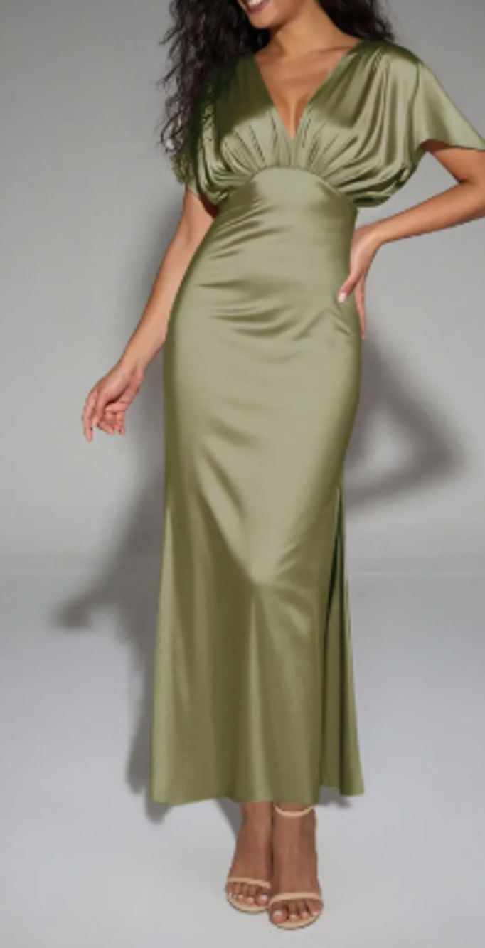 AW BRIDAL SZ 0 XS green fennel seed satin Valeria formal party maxi dress b30